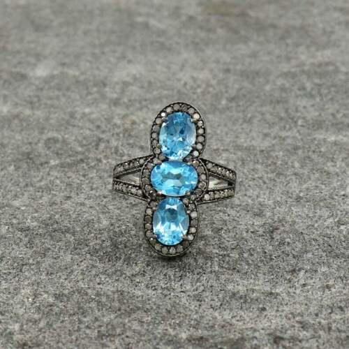 Natural Topaz Gemstone Ring Pave Diamond Ring 925 Sterling Silver Engagement Wedding Ring Gift For Her Birthstone Ring