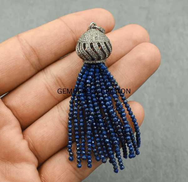 Lapis Lazuli Diamond Tassel Pendant Pave Diamond Handmade Jewelry 925 Sterling Silver Gemstone Pendant Gift For Her