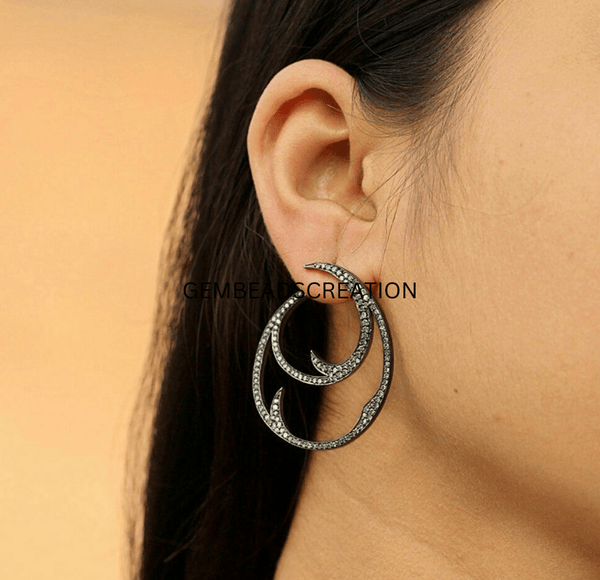 Designer Hoop Earring Pave Diamond Sterling Silver Fashion Diamond Earring 41x35mm