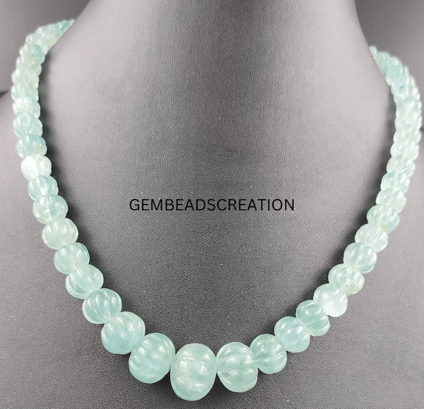 Aquamarine Carving Necklace/Natural Gemstone Necklace/Precious Necklace Rondelle/ Melon Cut Round Beads