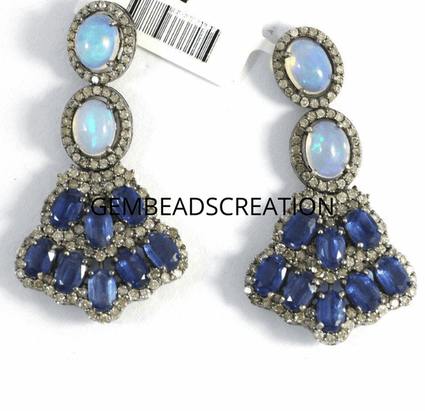 Ethiopian Opal & Kyanite Gemstone 925 Oxidized Sterling Silver Diamond Genuine Handmade Pave Diamond Earrings Christmas Gifts