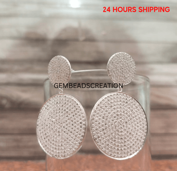 43x28mm Pave Diamond Round Earring Sterling Silver Wedding Earring Handmade Jewelry Gift For Her