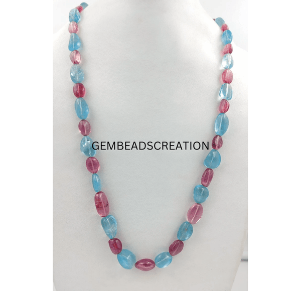 Aquamarine Tourmaline Smooth Beads Necklace Tumble Beads Necklace Gemstone jewelry Gift For her