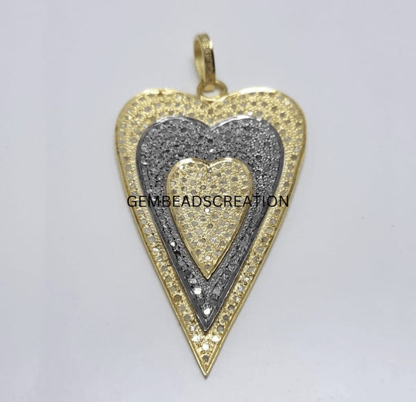 Rosecut Pave Diamond Heart Pendant 48x29mm In 925 Sterling Silver