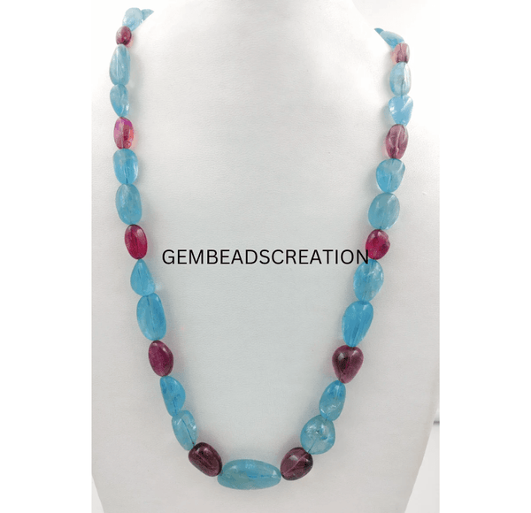 Tourmaline Aquamarine Tumble Beads Necklace Tourmaline Gemstone Necklace Natural Beads Handmade Jewelry Aquamarine Necklace