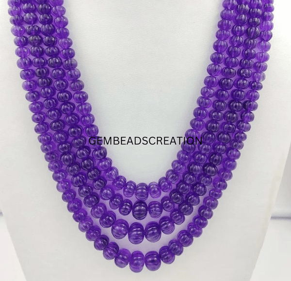 Natural Amethyst Carving Rondelle Necklace Precious Gemstone Necklace Carving Beads Necklace Melon Cut Beads Amethyst Round Necklace