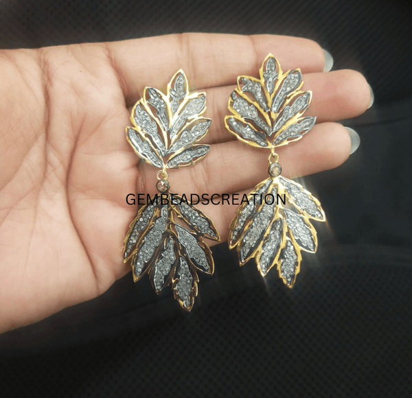 Leaf Dangle Earring Pave Diamond Dangle Earring 925 Sterling Silver Diamond Gift  Handmade Earrings 71x28mm Jewelry Gift Ideas