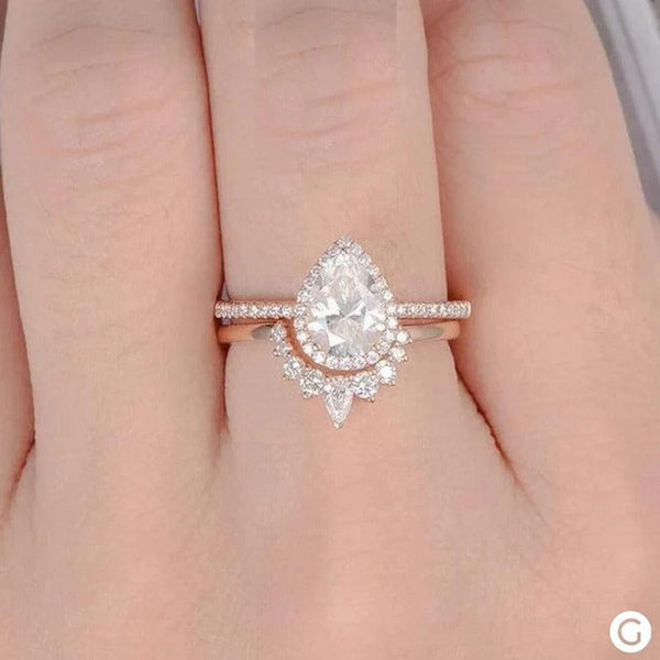 Pear Cut Moissanite Wedding Band 14K Rose Gold Halo Engagement Ring Set For Women Pear Cut Solitaire Anniversary Ring Gift For Her Women