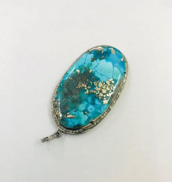 Natural Turquoise Gemstone Pendant Pave Diamond Pendant 925 Sterling Silver handmade Diamond Jewelry Necklace