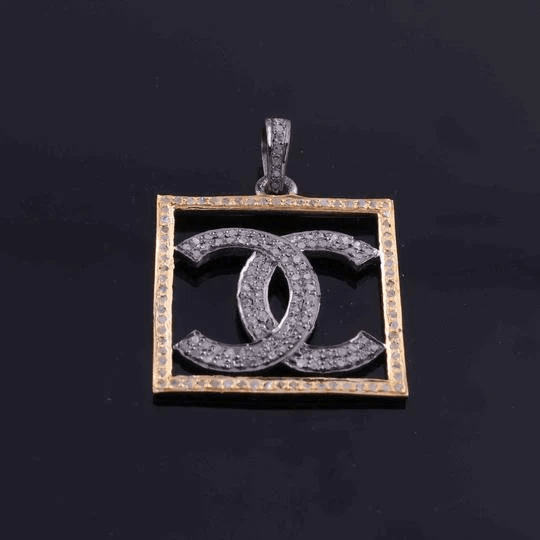 Rosecut Pave Diamond CC Pendant In 925 Sterling Silver