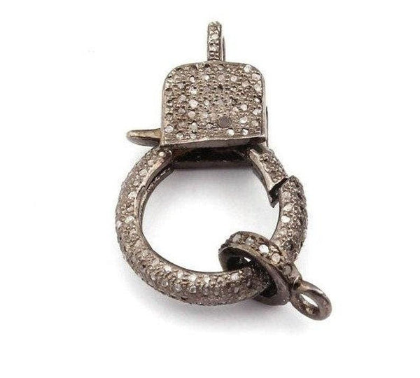 Rosecut Pave Diamond Double Side  Lobster Clasp Lock 26x16mm in 925 Sterling Silver