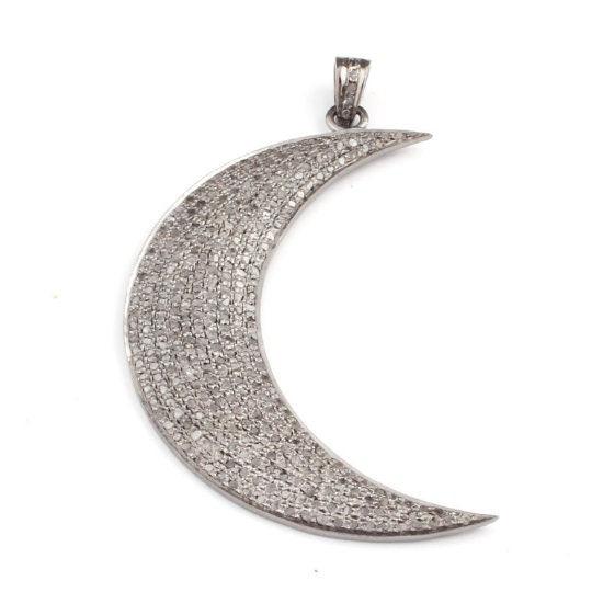 Pave Diamond Crescent Moon Pendant/59x15mm 925 Sterling Silver Celestial Jewelry/Art Deco Necklace Pendant/Gift For Mom/Yellow Gold