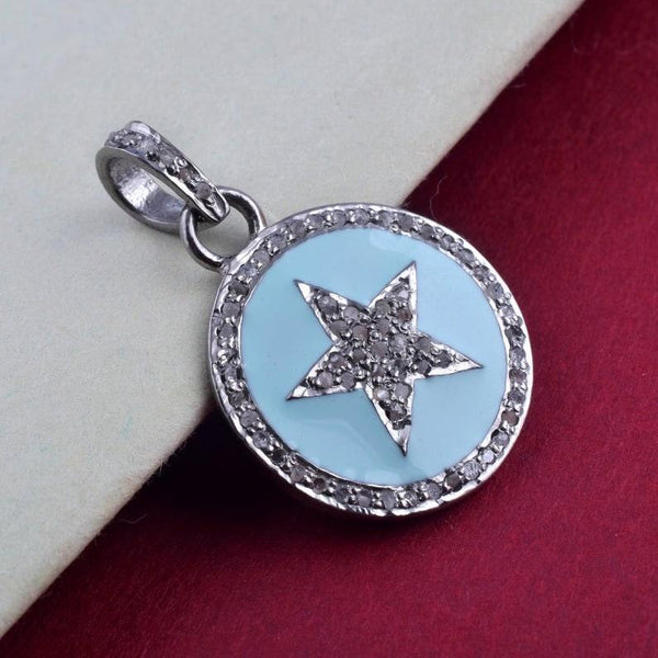 Pave Diamond Star Pendant, Sterling Silver 30x20mm, Diamond Round Pendant, Enamel Pendant, Diamond Necklace Pendant, Bakelite Round Star