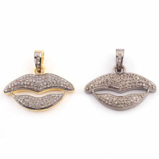 Pave Diamond Lips Pendant, 925 Sterling Silver 17x23mm, Pave Diamond Pendant, Diamond Jewelry,  Antique Finish Handmade Pendant, Findings