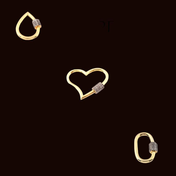 1 Pc Pave Diamond Heart, Pear, Oval  Screw Clasp In Sterling Vermeil , Pave Diamond Clasp, Carabiner Clasp, Screw Mechanism, Carabiner Lock