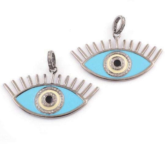 925 Sterling Silver Eye Pendant/21x39mm Enamel Bakelite Jewelry/Pave Diamond Jewelry/Diamond Necklace/Evil Eye Pendant/Protection Charm/Gift