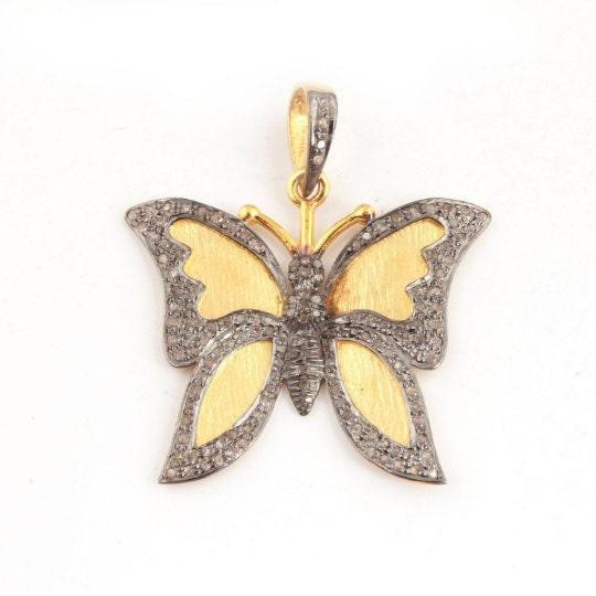 Rosecut Pave Diamond Butterfly Pendant 31x34mm In 925 Sterling Silver