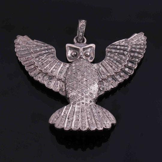 Pave Diamond Owl Pendant 925 Sterling Silver 38x33mm Owl Pendant Night Bird Owl Pendant Diamond Owl Pendant Necklace Pendant Animal Jewelry