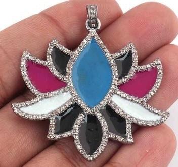 Bakelite Lotus Flower Diamond Enamel Pendant Diamond Jewelry Silver Jewelry Pave Diamond Pendant 42x35mm Lotus Flower Diamond Flower Pendant