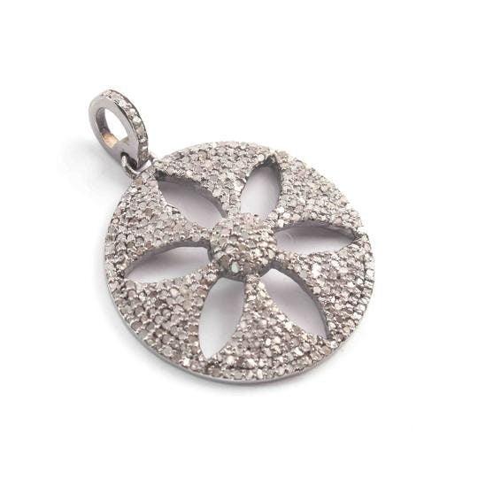 Pave Diamond 925 Silver Flower Pendant 37x32mm Pave Diamond Pendant Flower Diamond Jewelry Art Deco Minimalist Pendant Gift For Her