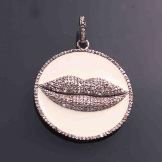 Diamond Enamel Pendant Round Lips Pendant 33x29xmm Pave Diamond Pendant Diamond Jewelry 925 Sterling Silver Fine Jewelry Handmade Finish