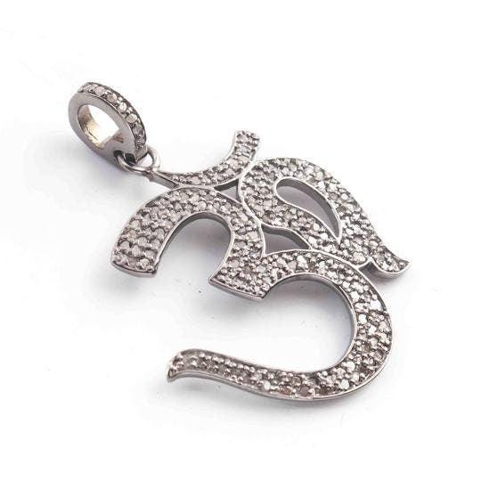 Rosecut Pave Diamond Om Pendant 30x16mm In 925 Sterling Silver