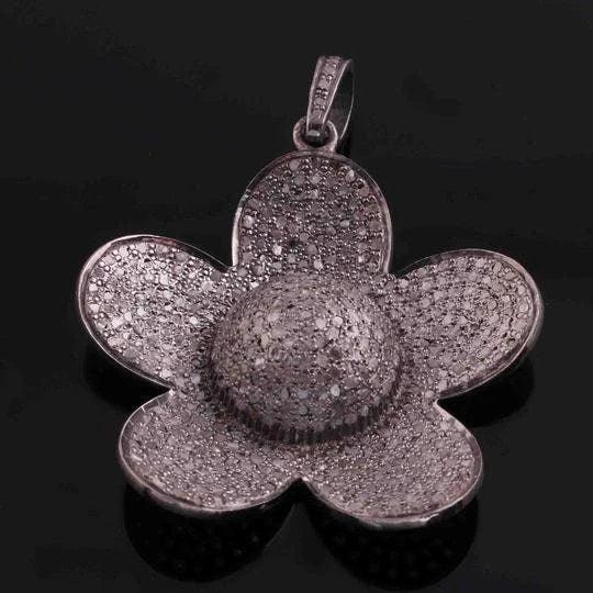 37mm Pave Diamond Flower Pendant, Flower Necklace Jewelry, Handmade Floral Pendant, Gift For Mom, Mother's Day, 925 Silver Jewelry Art Deco