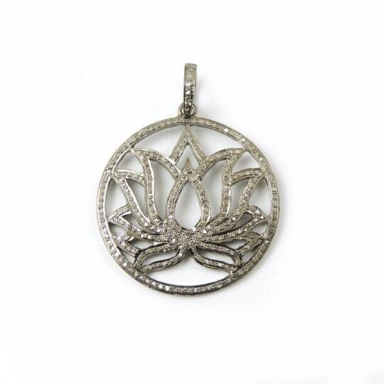 Diamond Lotus Flower/Diamond Pendant/38x35mm Oxidized Pendant/Flower Necklace/Oxidized Silver/Diamond Flower Pendant/Diamond Jewelry/Gifts