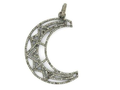 Pave Diamond Crescent Moon Pendant 47x16mm In 925 Sterling Silver