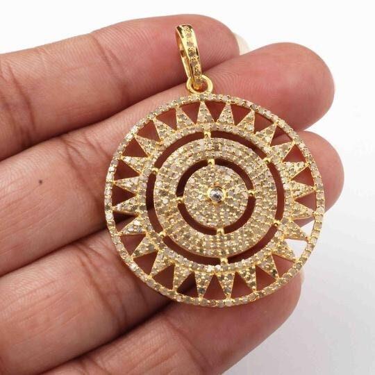 Pave Diamond Pendant/39x35mm Diamond Jewelry/Yellow Gold Round Pendant/Minimalist Pendant/Antique Designer Necklace Dainty Halo Pendant