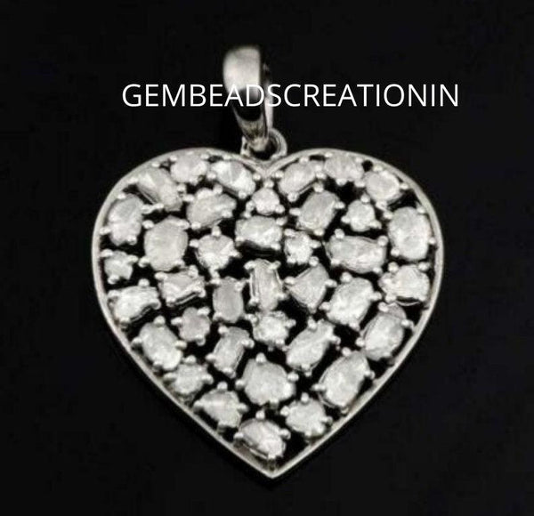 Rosecut Polki Flower Pendant/925 Sterling Silver Jewelry/Pave Diamond Flower/Polki Diamond Heart/Vintage Jewelry/Wedding Anniversary Gifts