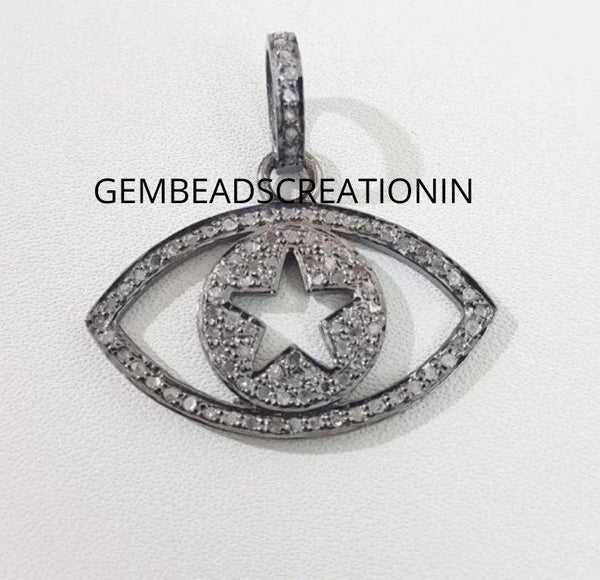 Pave Diamond Evil Eye Pendant/Evil Eye Necklace/Oxidized Silver/Diamond Pendant/Pave Diamond Jewelry/Star Pendant/Art Deco Dainty Jewelry