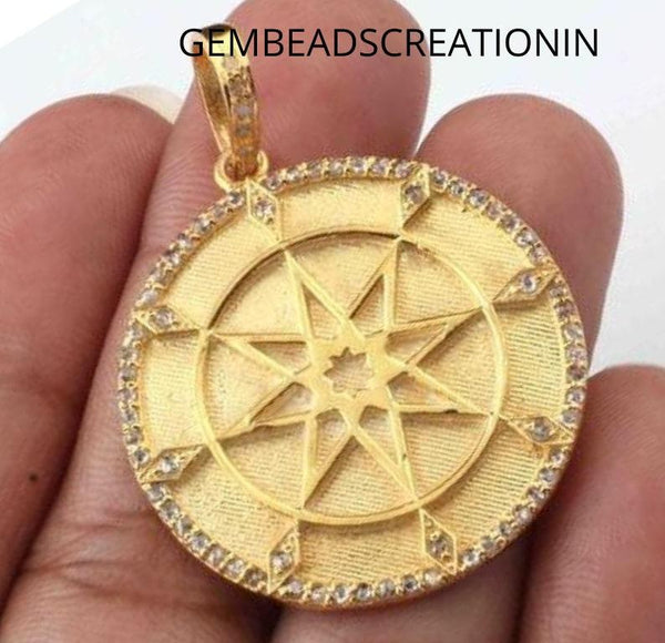 Pave Diamond Pendant/30x28mm Yellow Gold Pendant/Compass Vintage Pendant/Handmade Diamond Jewelry/Round Pendant/Unisex Pendant/925 Silver