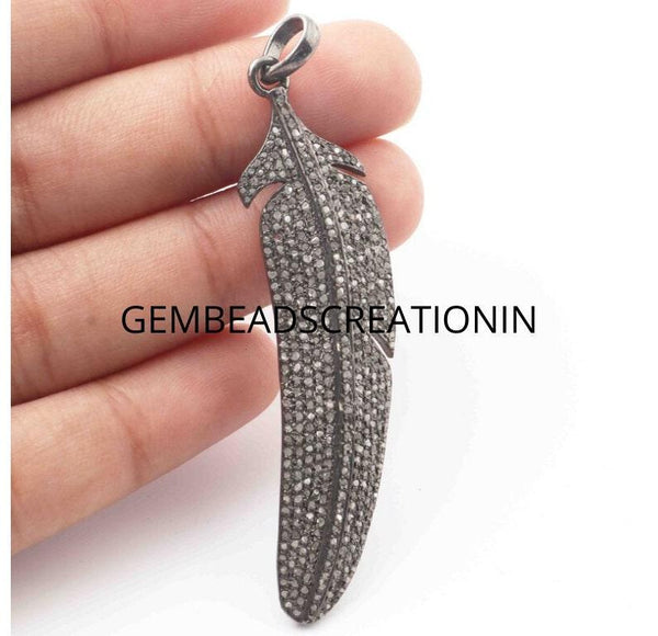 Pave Diamond Pendant/63x15mm Diamond Jewelry/Diamond Leaf Necklace/Jewelry Manufacturer/Feather Pendant/925 Sterling Silver/Minimalist Gifts