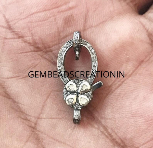 22mm Pave Diamond Lobster Clasp/925 Oxidized Silver/Diamond Lock/Jewelry Findings/Diamond Clasp Clip/Rose cut Polki/Handmade Craft Supplies