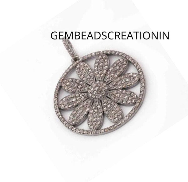 Flower Pave Diamond Pendant/Natural Diamond Pendant/925 Sterling Silver/36x33mm Handmade Designer Pendant/Wholesale Diamond Manufacturer