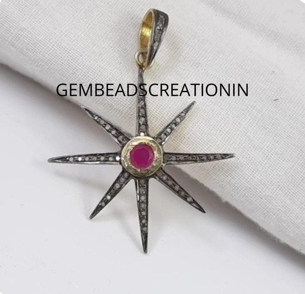 Pave Diamond Sunburst Pendant/35X32mm 925 Silver Ruby Pendant/Diamond Sun Star/Necklace Pendant/Diamond Jewelry/Handmade Dainty Pendant