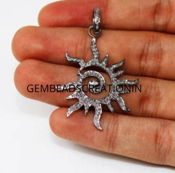 Pave Diamond Sun Pendant Antique Finish Sun Pendant 48x38mm Pave Diamond Pendant Unisex Necklace Handmade Jewelry Gift 925 Sterling Silver