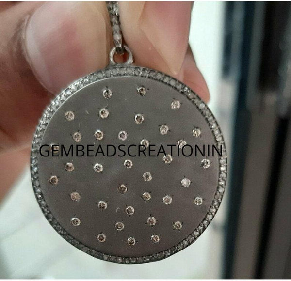 Pave Diamond Round Disc Pendant Necklace 30mm 925 Silver Handmade Jewelry Art Deco Minimalist Necklace Statement Jewelry Women Fashion Gifts