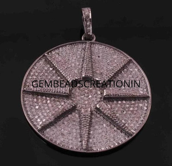 Diamond Starburst Pendant 925 Silver 43x39mm Pave Diamond Pendant Round Star Pendant Antique Handmade Diamond Jewelry Sun Star Necklace