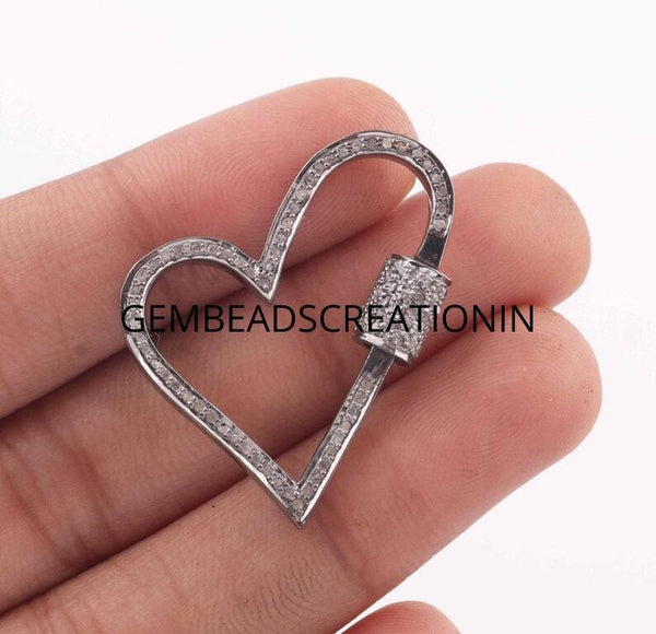 Pave Diamond Carabiner/34x29mm Heart Lock/Pave Diamond Clasp/Carabiner Clasp/Screw Mechanism/Heart Carabiner/Diamond Findings/Handmade Jewel