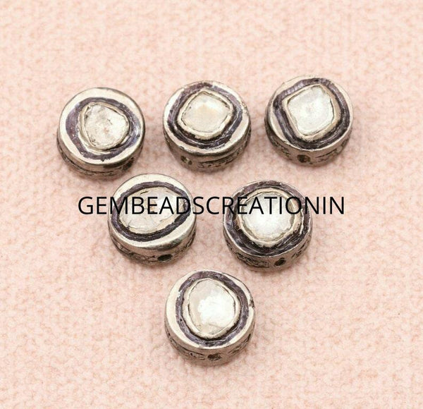 10mm round coin shape polki bead rosecut pave diamond bead 925 sterling silver handmade silver finish flat diamond beads handmade jewelry