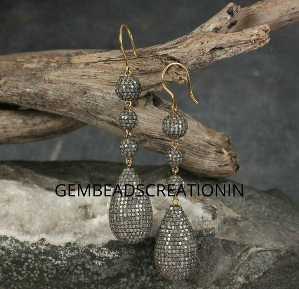 Pave Diamond Earring 14k Gold & 925 Silver Diamond Handmade Dangle Earring Beads Earring Anniversary Gift For Her Wedding Engagement Earring