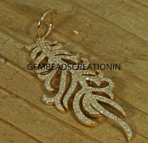 Solid 14k Gold Diamond Leaf Pendant Jewelry Fine Gold Diamond Leaf Necklace Feather Pendant Gold Diamond Jewelry Birthday Gift Necklace