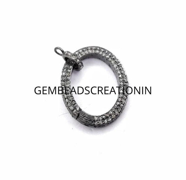 Rosecut Pave Diamond Carabiner Oval Lobster Clasp Lock 28x22mm in 925 Sterling Silver