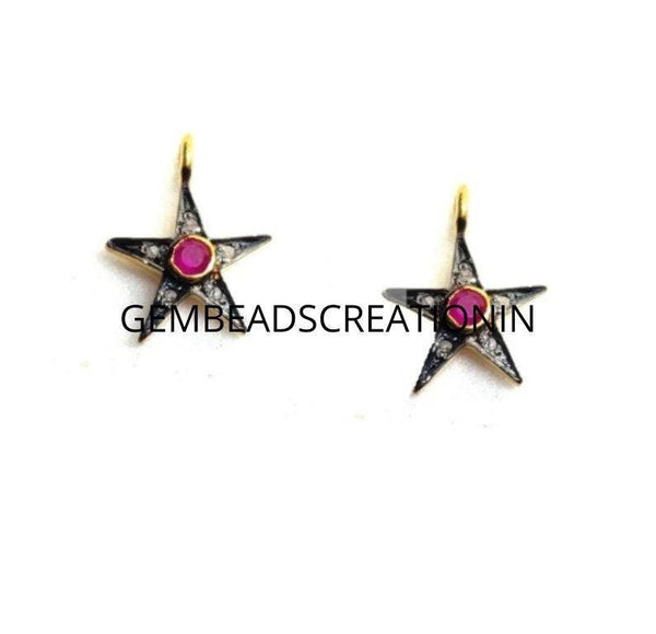 Pave Diamond Ruby Star Charm Pendant/Diamond Star Charm/Star Pendant/Ruby Star Charm/15x11mm Pave Diamond Pendant/Diamond Jewelry/925 Silver