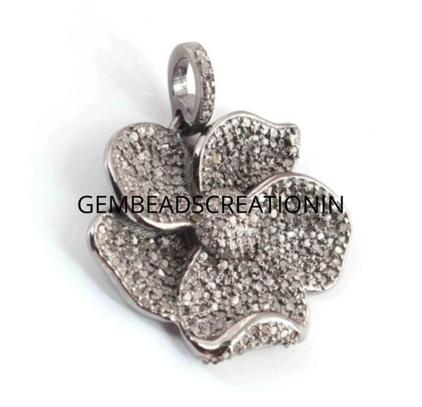 Pave Diamond Rose Cut Flower Pendant 925 Silver Handmade Jewelry Necklace Craft Supplies Findings 22x24mm Flower Necklace Gift For Her