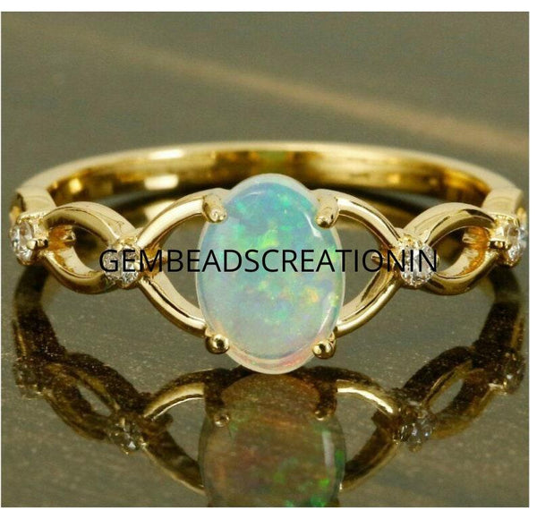 14k Solid Gold Wedding Band Minimalist Diamond Stacking Half Eternity Ring Solid Gold Statement Ring Diamond Opal Engagement Ring Gift Her