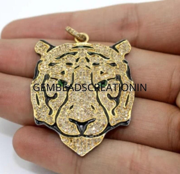 Diamond Tiger Head Pendant 50x25mm One of a kind Art Deco Pave Diamond Pendant Diamond Jewelry Tiger Face Handmade Silver Necklace Pendant