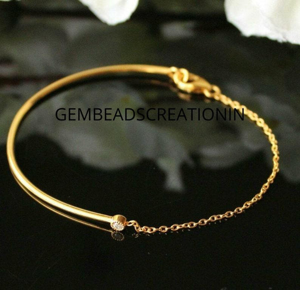 14k Solid Gold Chain Bracelet Curved Wire Bracelet Diamond Cuff Bangle Dainty Gold Bracelet Stackable Minimalist Bracelet Gift For Her